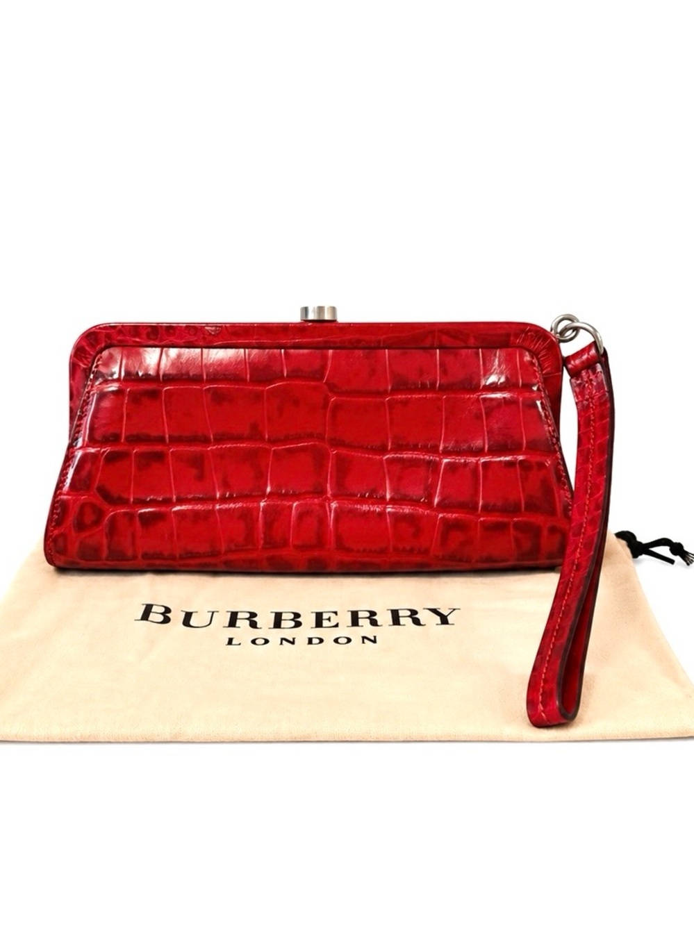 BURBERRY London Red Crocodile-Embossed Kiss Lock Clutch Wristlet